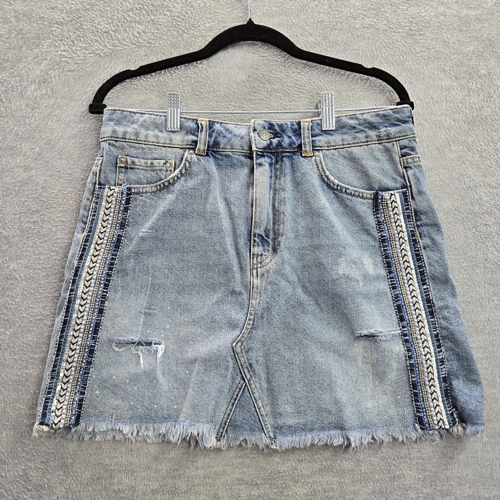 Free People Women Skirt 8 Blue Denim Distressed‎ Embellished Mini Boho Sequins